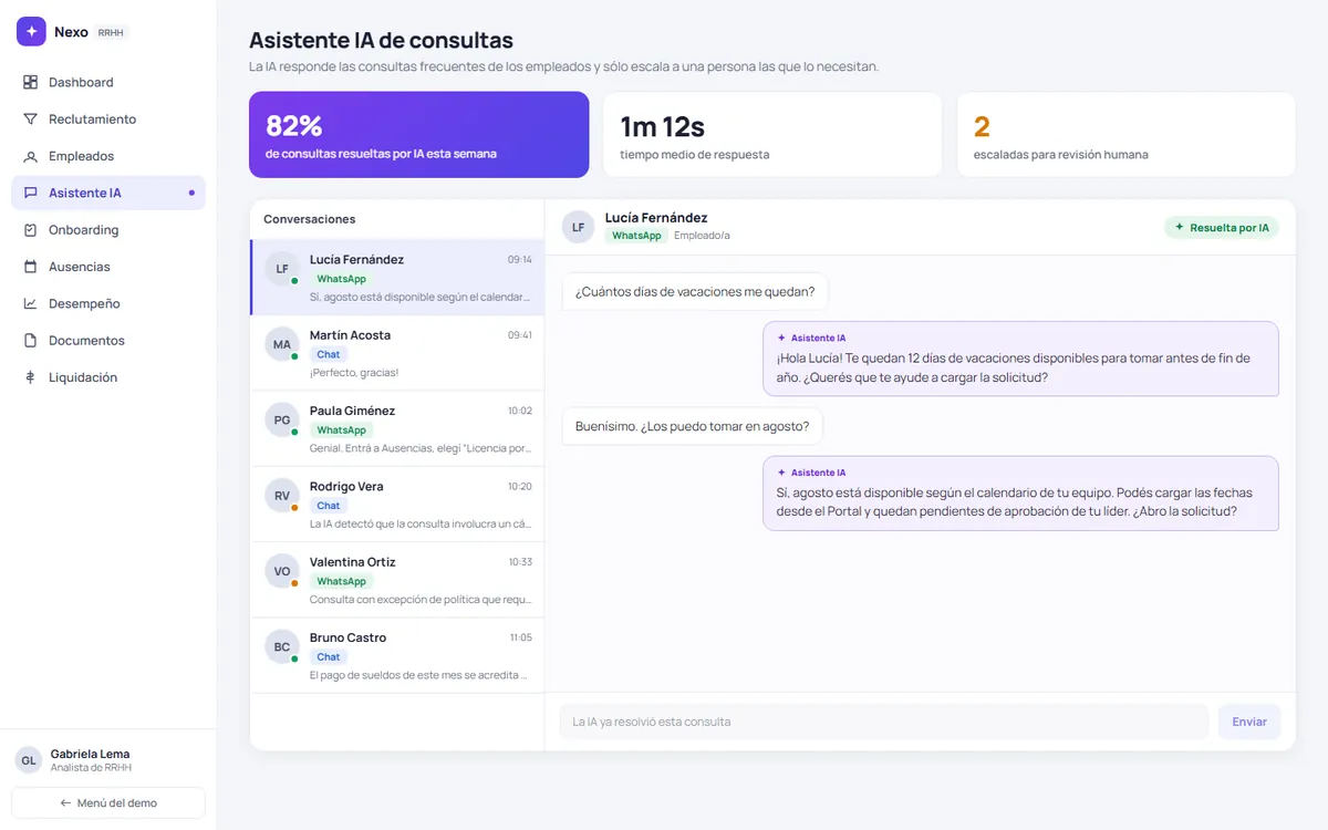 Asistente con IA de Nexo respondiendo por WhatsApp la consulta de una empleada sobre sus vacaciones