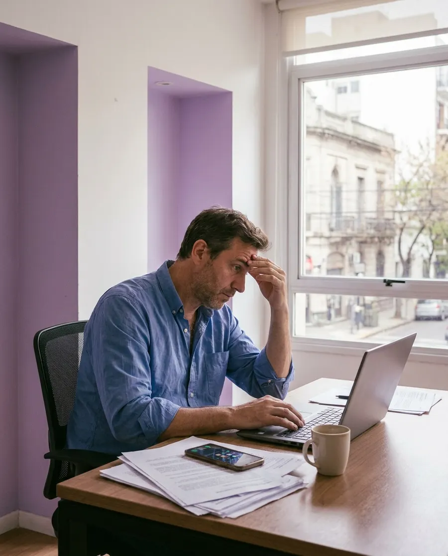 Dueño de una empresa preocupado frente a su computadora