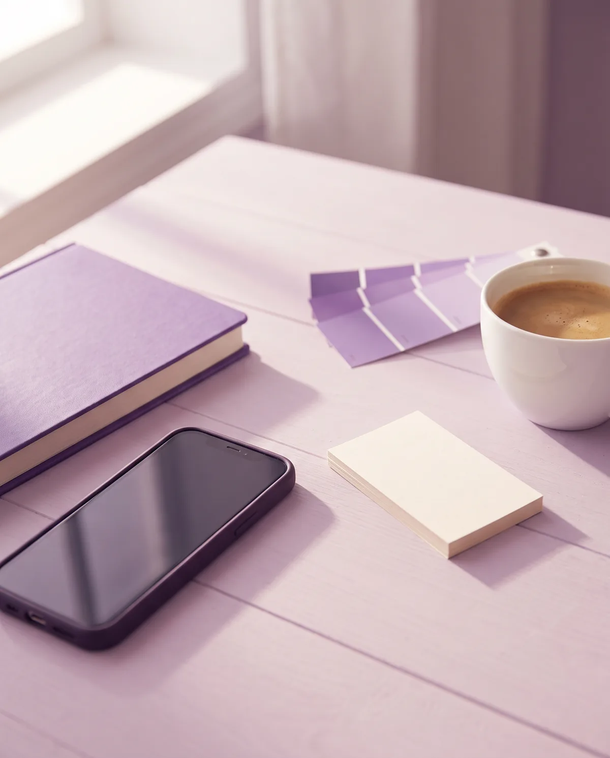 Escritorio de trabajo con un cuaderno violeta, una carta de colores, tarjetas en blanco y un café